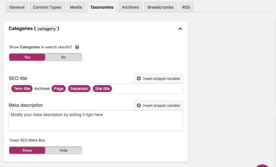 WordPress Yoast SEO Taxonomy Tab