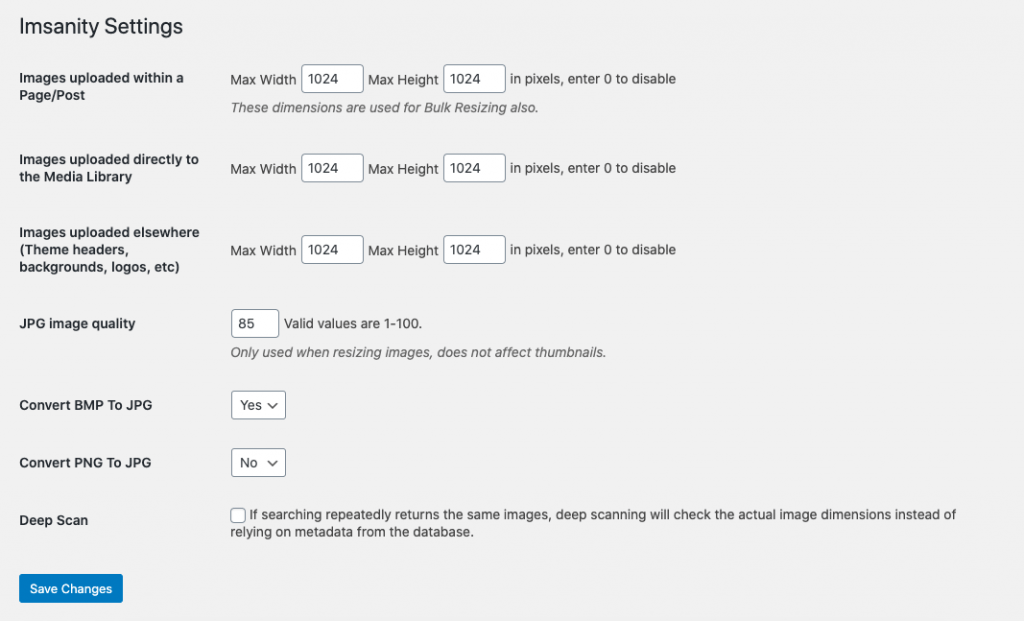 WordPress Imsanity Image Settings