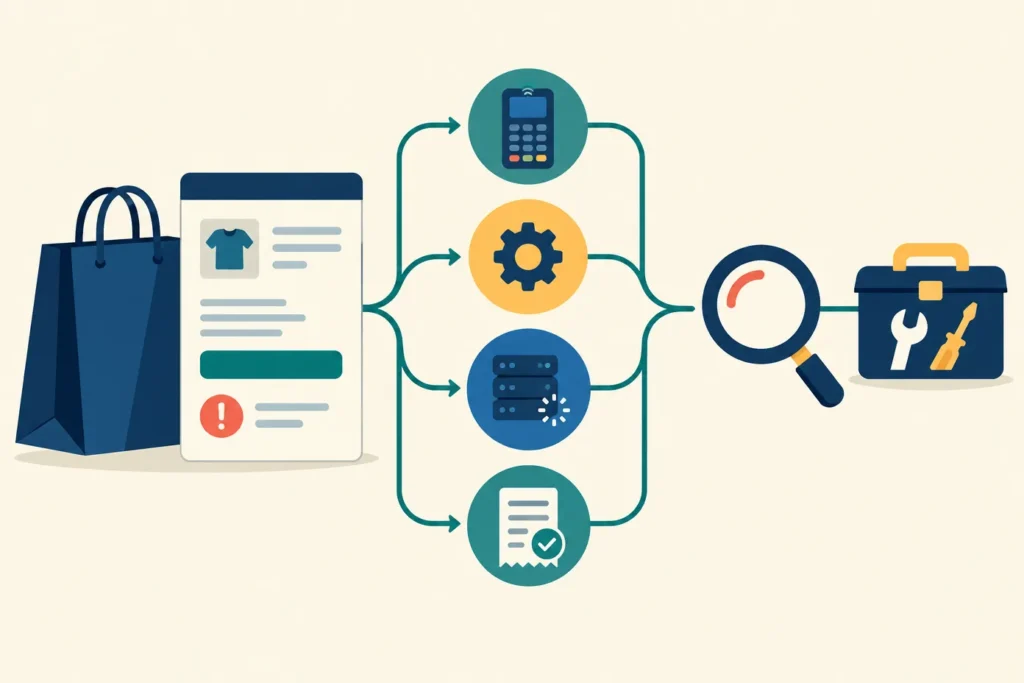 A checkout sheet branches toward payment, settings, server, and order symbols before leading to a magnifying glass and developer’s toolkit.