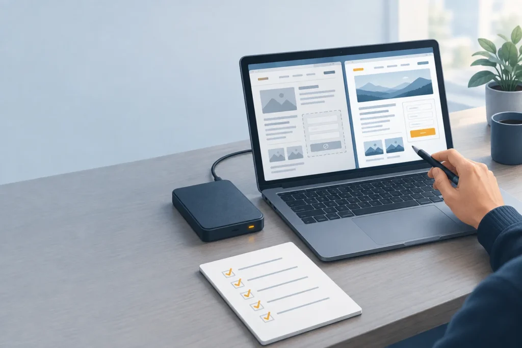 Laptop showing a partially broken webpage beside an external backup drive and a checklist as a specialist reviews the problem.