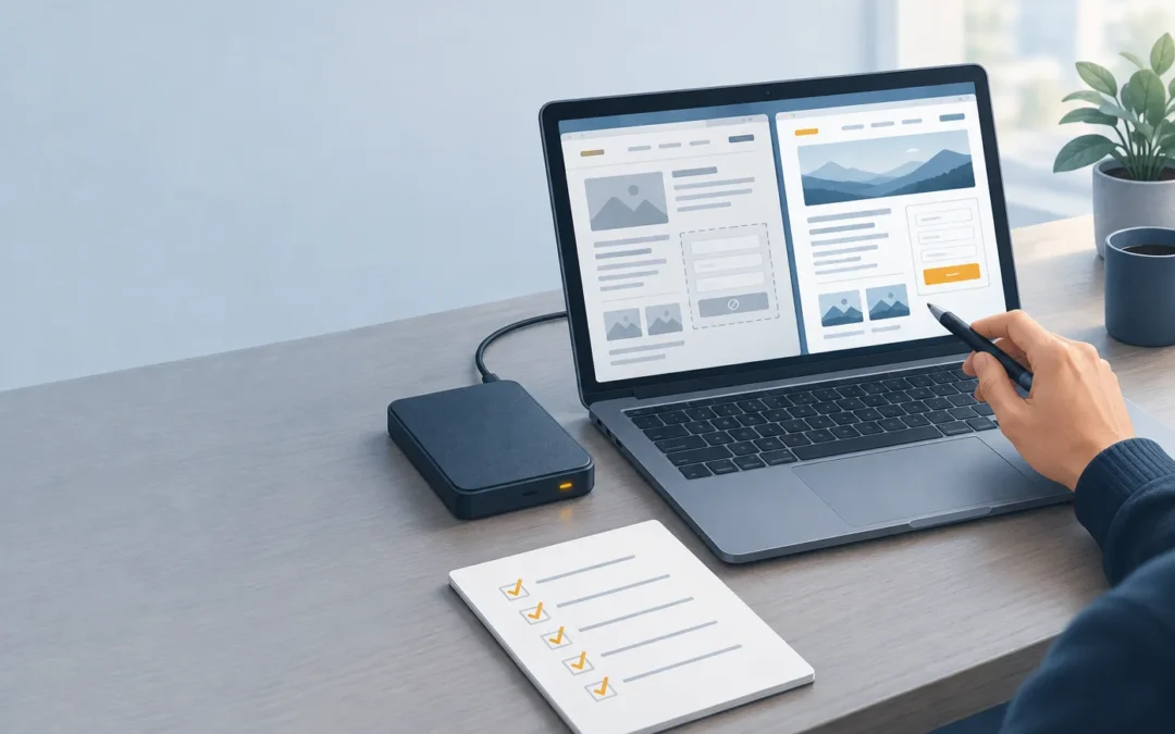Laptop showing a partially broken webpage beside an external backup drive and a checklist as a specialist reviews the problem.